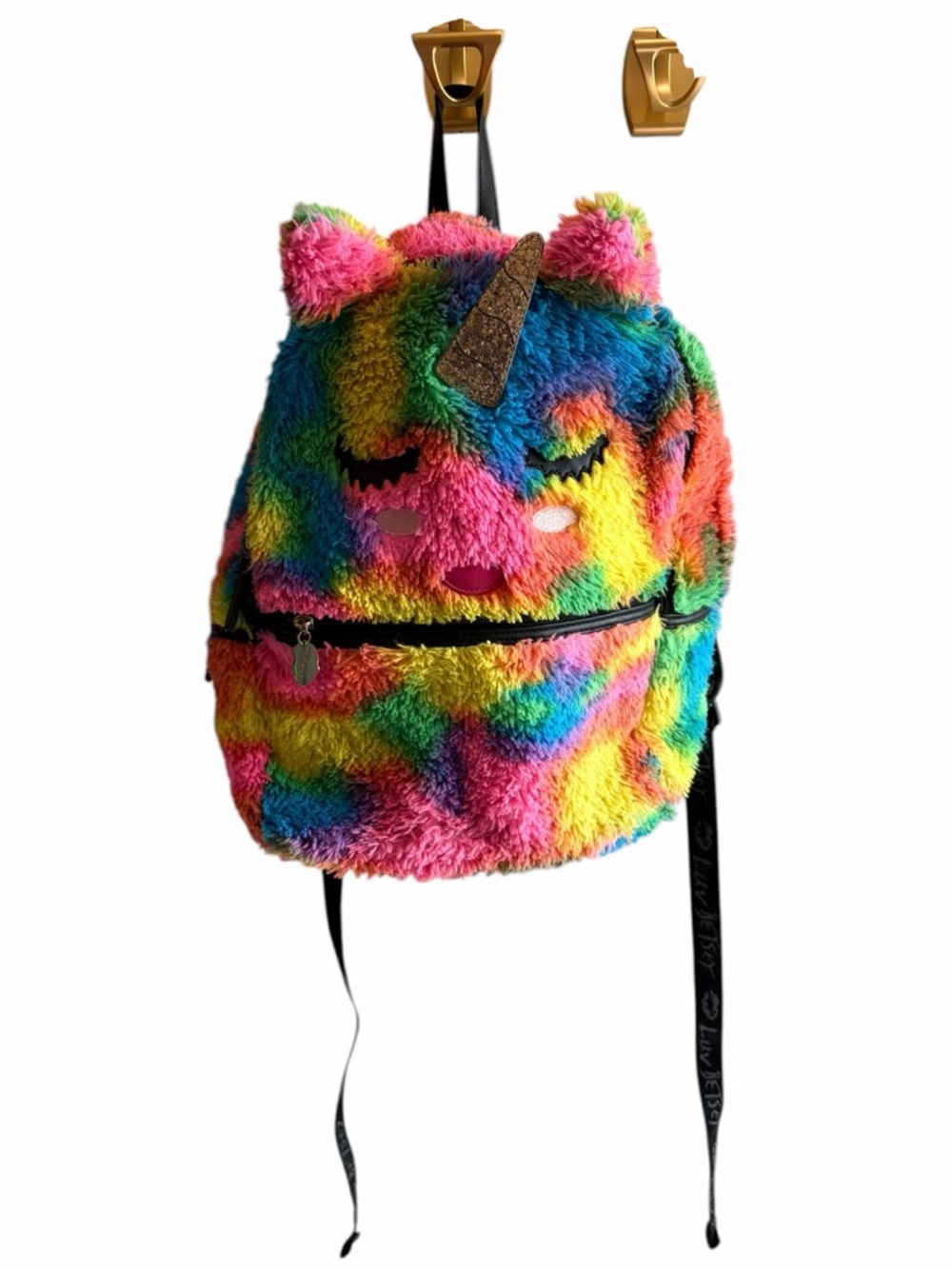 Betsey Johnson Unicorn Rainbow Faux Fur Backpack Rare 15” X 15” - Picture 2 of 11